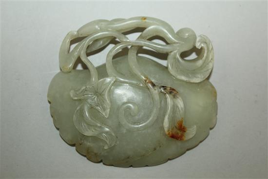 A Chinese pale celadon jade lotus leaf brush washer, 9.1cm